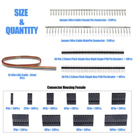 Glarks 635Pcs Connector Housing Male/Female Pin Connector 40 Pin 2.54mm Pitch Pin Headers and 10 Wire Rainbow Color Flat Ribbon IDC Wire Cable