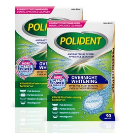 Polident Overnight Whitening Antibacterial Dental Appliance Cleanser Tablets (2 Pack, 90 Count) – Effective Stain Removal & Odor Control for Dentures, Retainers & More