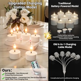 Rechargeable Flameless Tea Lights Candles with Charging Station 6Pcs Battery Tea Lights Candles with Remote & Timer LED Tealight Flickering Realistic for Home Christmas Wedding Decor - White