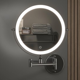 Hasipu 8.5-Inch Wall Mounted Makeup Mirror with Magnification, Rechargeable 2000 mAh Vanity Mirror with Lights, Bathroom Mirror with Dimmable Brightness, 3 Lighting Modes, Extendable Arm, Black