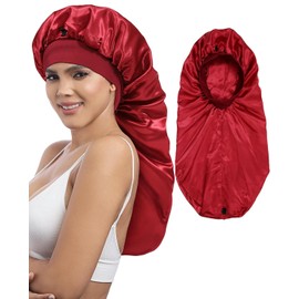 Coubeau Sleep Cap Silk Long Hair for Women - 2 Layers Silk Bonnet for Braids, Elastic Hair Sleeping Hood with Wide Band Silk Bonnet