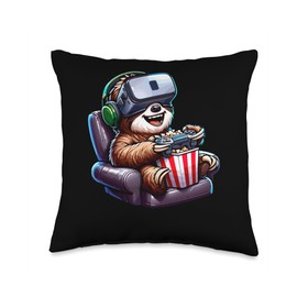 Gamer Sloth Popcorn Gaming Chair Headphones Games Player Throw Pillow