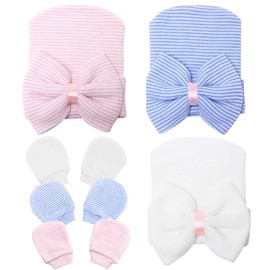 Sarfel Baby Mittens Newborn Hospital Hat Infant Baby Hat Caps with Bow Soft Cute Nursery Beanie Hat Headbands 3 Set Hats and Mittens