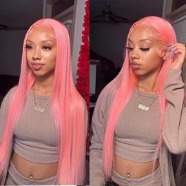 ORIGEN Pink Lace Front Wigs with Baby Hair for Black Women Human Hair Pre Plucked Straight Colored 13x4 Lace Frontal Glueless Wig 30 Inch 180% Density