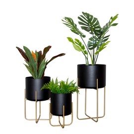 Sinolodo Large Floor Standing Planters with Metal Stand Pack of 3, Extra Large Plant Pot Container, Black and Gold Tree Planter Flower Pots and Stands(Black)