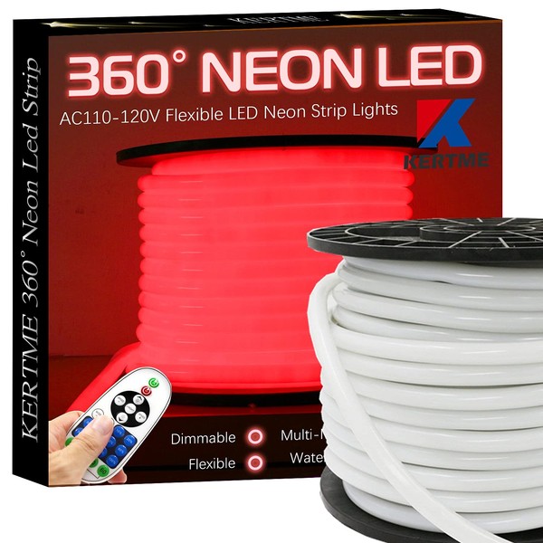 KERTME 360° Neon Led Type AC 110-120V 360 Degree NEON LED Light Strip, Flexible/Waterproof/Dimmable/Multi-Modes LED Rope Light + Remote for Home/Garden/Building Decor (65.6ft/20m, Red)