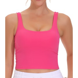 THE GYM PEOPLE Women's Square Neck Longline Sports Bra Workout Removable Padded Yoga Crop Tank Tops Bright Pink