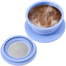 VVGCS Collapsible Paperless Pour Over Coffee Dripper, Single Cup Travel Pour Over Coffee Maker Camping, Portable Silicone PourOver Coffee Filter with Reusable Metal Mesh Filter (Blue)