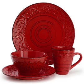 Elama Malibu Ocean Bloom 16-Piece Stoneware Embossed Pattern Reactive Glaze Red Dinnerware Set, Tableware, Serveware Set (Ocean Bloom Red)