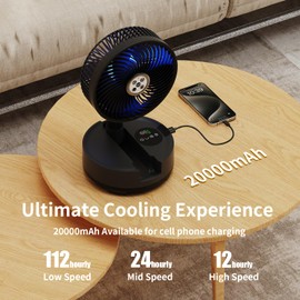 Socool 20000mAh 8 Inch Portable Fan Battery Operated Fan, Oscillating Charging Fan, Remote Control LED Light, 112 Hours Portable Foldable Fan for Camping Travel Outdoor (Black 2000mAh, 8inch)