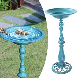 AIHAOKAN 26.6”H×12.3" W Cast Iron Pedestal Bird Bath，Metal Birdbaths Bird Feeder Seed Tray for Garden Yard Decor -Blue.