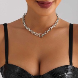 Xmsrn Vintage Paperclip Chain Choker Necklace Silver Chunky Paper Chain Necklace Punk Oval Chain Necklace Silver T Bar Chain Necklace Chain for Women