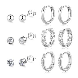 BMMYE Sterling Silver Stud Earrings for Women Cartilage Tiny Sleeper Earrings 6 Pairs Silver Huggie Hoop Earrings Hypoallergenic Mini Silver Hoops Small Silver Stud Earrings Set for Multiple Piercing