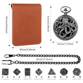 Mini DND Dice Set Steampunk Hollow Octopus Pocket Watch Bowl, 7-Piece Polyhedral Metal D&D Dice Set, DND Gifts with Leather Bag, Role Playing Board Game Accessories Dice, Dark Silver