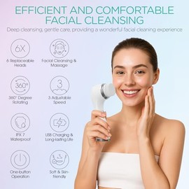 VOYOR FB101 - Cepillo de limpieza facial eléctrico con 3 tipos de cabezales de repuesto, 3 velocidades, cepillo facial ajustable para limpieza profunda y exfoliación de la piel, cepillo de limpieza