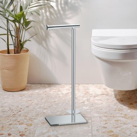 Gatco 1443C Modern Square Base Toilet Paper Holder Stand with Storage, Chrome, 21.13"H