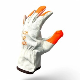 MCR SAFETY 1 Dozen Work Gloves CV Grade Cow Grain Leather Watch Your Hands Logo with Orange - SMALL