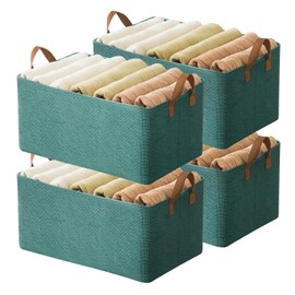 AARAINBOW 4 Pcs Closet Clothes Organizer with Handle, Fabric storage Box with Steel Frame Stackable Shelf Storage Baskets Foldable Storage Baskets for Organizing clothes Toys, 23L (4 Green)