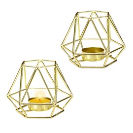 Realand 2Pcs Gold Geometric Tealight Votive Candle Holder, Metal Hollow Tea Light Candle Holders, Candle Stand for Wedding Christmas Table Centerpiece Vintage Decor, Small