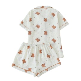 Verdusa Women's 2 Piece Pajama Set Lightweight Summer Pajamas Cute Pjs Sets Sleepwear Button Up Lounge Sets, Apricot Bears, Large