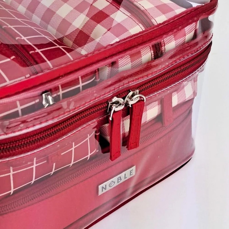Elegant 4 Piece Cosmetic Bag Set Red Clear Box Checked
