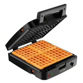 KRUPS 4-Slice Belgian Waffle Maker: Stainless Steel, 5 Browning Levels, Audible Ready Beep, Removable Plates, 1200W, Silver/Black, Large Waffle Maker Family Size, Great for Family Breakfasts