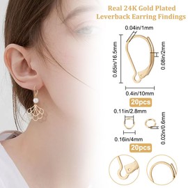 Beebeecraft 1 Box 20Pcs Leverback Earring Findings 24K Gold Plated Brass Clasp Earring Hooks 16.5x10mm Ear Wire Clip Earring Connector with 20Pcs Open Jump Rings for DIY Jewelry Making