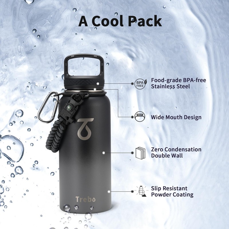 Trebo Water Bottle 64oz with Paracord Handle, Half Gallon Large