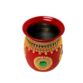 Decorative Kalash Lota Handpainted Steel Puja Kalash for Indian Traditional Festival New Year Decorations and Gifting Pooja Item Home Temple Rituals Housewarming Stainless Lota Decor(Size:-4")(Red)