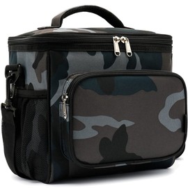 FlowFly Insulated Reusable Lunch Bag Adult Large Lunch Box for Women and Men with Adjustable Shoulder Strap,Front Zipper Pocket and Dual Large Mesh Side Pockets,BlackCamo