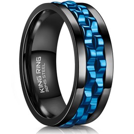 King Ring 8mm Gear Spinner Ring – Ultra Polished Men & Women Stainless Steel Fidget Ring K12 – Black Blue 08