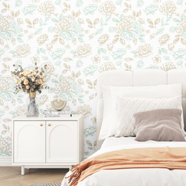 WESTICK White/Green Floral Contact Paper Vintage Frech Country Floral Wallpaper for Bedroom Living Room Self Adhesive Removable Boho Farmhouse Flower Wall Paper Vinyl Roll for Cabinets 17.5"x100"