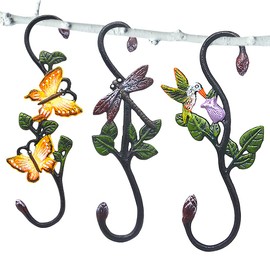 Sunnyac Heavy Duty S Hooks , Pack of 3 Large Cast Iron Plant Hangers, Metal Decorative Painted Hooks for Hanging Outdoor Indoor Garden Planters, Flower Baskets, Pots, Bird Feeders, Wind Chimes (Type1)