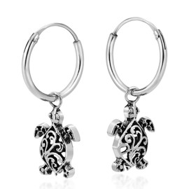 Amazing Filigree Swirls Sea Turtles Sterling Silver Dangle Mini Hoop Earrings, Metal