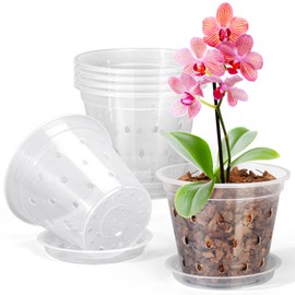 FUIJOL Orchid Pot, 6 Pack 4 Inch Clear Orchid Pots with Holes and Saucers for Repotting, Breathable Slotted Plastic Orchid Planters with Drainage for Root Health Indoor Outdoor (4 Inch)