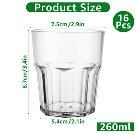 VIDETOL 16 Pcs Plastic Tumblers, 260ml Reusable Drinking Cups, Unbreakable Plastic Drinking Tumblers for Adults Kids Party