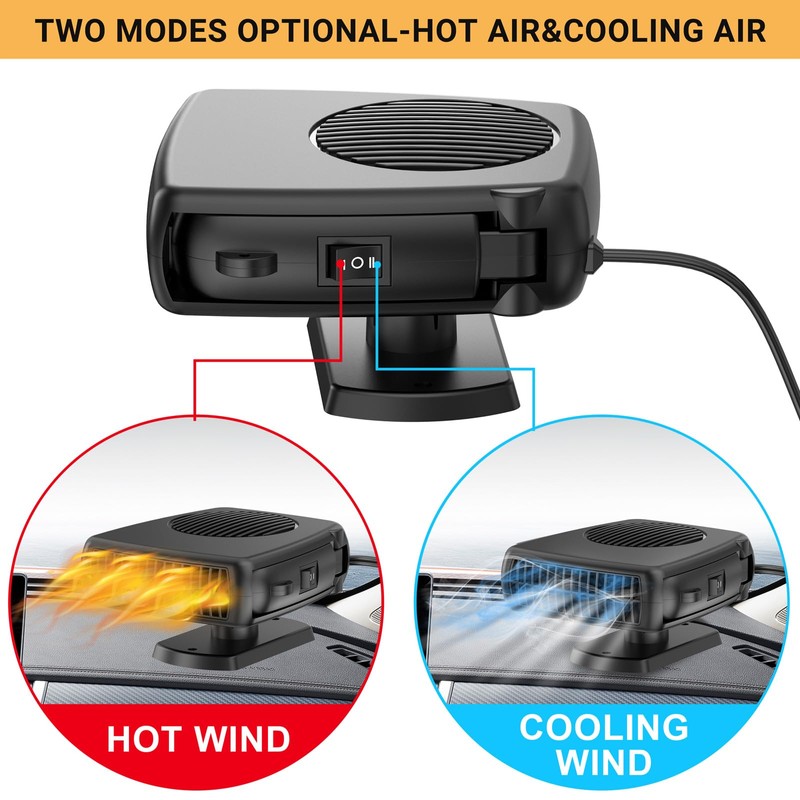 12V Car Heater, 200W Portable Windshield Defroster with Heating/Cooling Fan