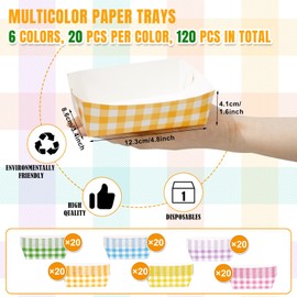 AnyDesign 120Pcs Plaid Paper Food Trays 6 Colors Disposable Food Holder Trays Colorful Checkered Food Holders Greaseproof Paper Food Boats for Birthday Party Dinner Cooking Frying Bakery Food