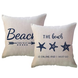 ULOVE LOVE YOURSELF Blue Beach Decor Throw Pillow Cover with Beach Quote/Starfish Cushion Covers Summer Holiday Beach House Decorative Pillowcases 18x18 inch,Set of 2