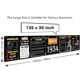 90th Birthday Banner, 120" x 20" Large Back in 1934 Party Decorations Happy Birthday Party Bunting Vintage 1934 Flag Backdrop for Men & Women Class Reunion Decor