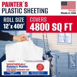 Weather-All Clear Painters Plastic Sheeting 12' x 400' (4800 sq ft) – 0.31 Mil High-Density Polyethylene Roll in Self-Dispensing Box – Dust Barrier, Surface Protection for Painting and Construction