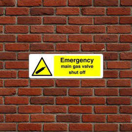 Emergency Main Gas Valve Shut Off - safety sign - 1.2mm Rigid plastic for indoor/outdoor usage (300mm x 100mm) Viewing Distance within 5m.