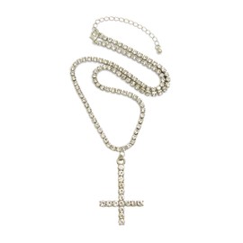 NYFASHION101 Stone Stud Saint Peter Cross Pendant with 3mm 18" Rhinestone Chain Necklace, Silver-Tone