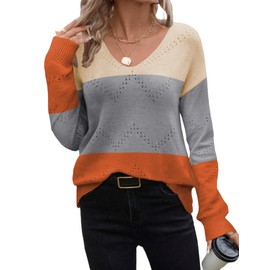 Zeagoo Womens Long Sleeve Tops Dressy Casual Knit Color Block V Neck Sweaters Trendy Off Shoulder Spring Outfits 2025 S
