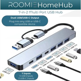 ROOMIE HomeHub 7-in-2 USB 3.0 & USB-C to 3.0 & 2.0 Hub // Supports DC Supply for multi-device charging // 7 input with Dual USB-USB-C output