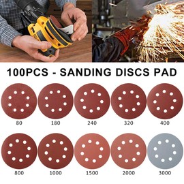NG 100Pcs Sanding Discs, 125mm, 80/180/240/320/400/800/1000/1500/2000/3000 Grit, Aluminium Oxide, Hook & Loop, 8 Holes, For Random Orbital Sander, Metal, Wood, Plastic, Leather, Rubber, Glass