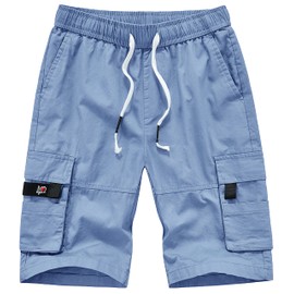 VtuAOL Women's Casual Elastic Waist Cargo Shorts Multi-Pockets Shorts with Drawstring Light Blue US 8-10