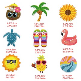 9 PCS Summer Iron on Patches,Kawaii Cartoon Iron On Patches，Vintage Hippie Retro Aesthetics Appliques，Embroidered Beach Hawaiian Sew On/Iron on Patches for Backpacks,Jeans,Jackets,Clothes DIY Craft