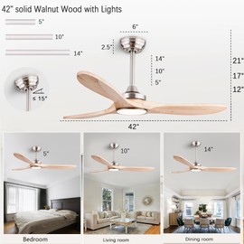 QUTWOB 42" Wood Ceiling Fans with Lights and Remote Control,Indoor Outdoor 3 Blades Wooden Ceiling Fan for Garage,Patio,Living Rooms,Bedrooms,Offices,Farmhouse(Nickel+Raw Wood)