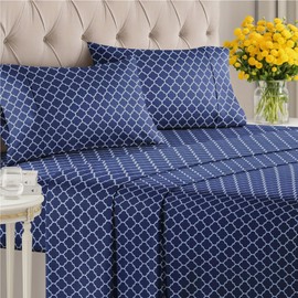 4 Piece Blue Sheets King Set – Luxury Geometric Flat Sheet 105 x 102, Fitted Sheet 78 x 80 and 2 Pillowcases 20 x 40 – Deep Pocket, Ultra-Soft, Trellis Bed Sheets – Oeko-TEX Moroccan Decor Sheet Set